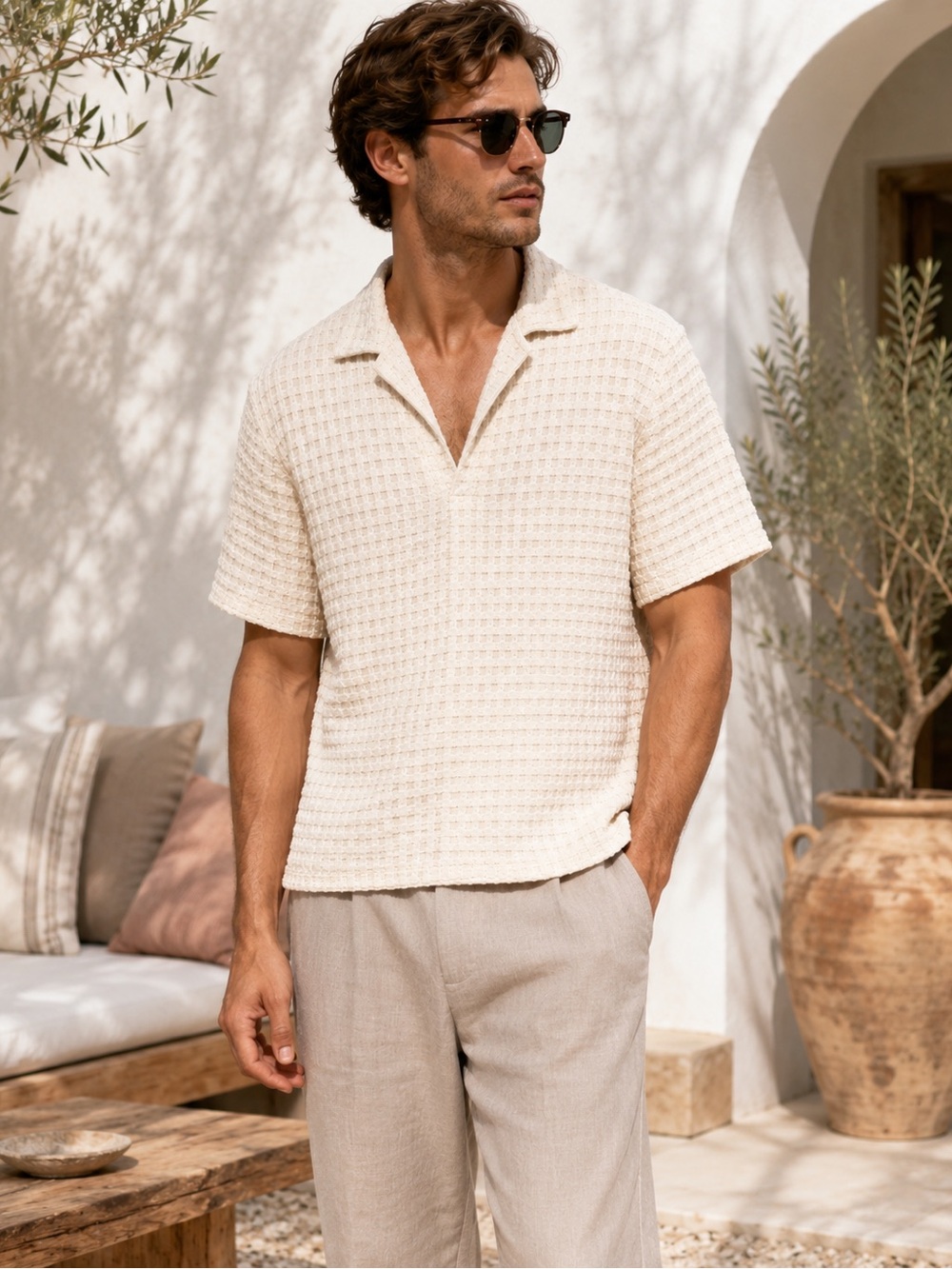OAS Jaffa Waffle Shirt Ecru Textured Cotton Cabana Shirt Men’s Sz M Quiet Luxury